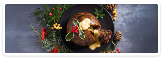 Bread pudding garnished with holly and ivy