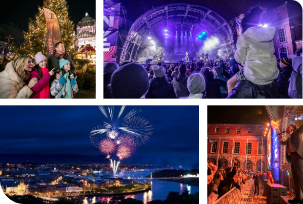 A family appreciating Christmas light while standing in front of lit tree | View of a stage of a concert from the crowd | Fireworks over the city of Dublin | A person on stage performing in front of a large crowd