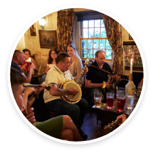 A small band preforming in a pub filled with patrons