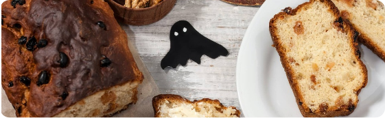 A barmbrack bread with ghost decor.