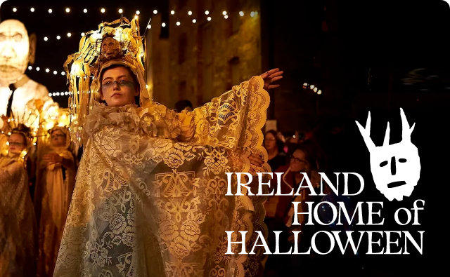 Ireland Home of Halloween - A person in a lace costume with headdress for ancient Celtic harvest festival of Samhain.