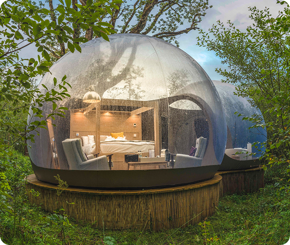 Transparent dome glamping pod set in lush greenery, with a cozy bedroom visible inside.